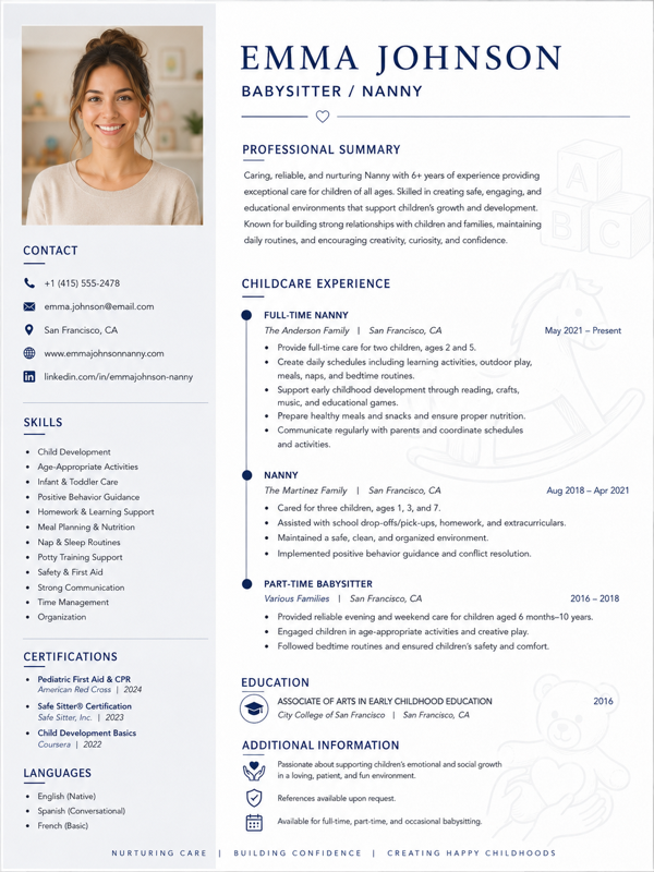 Babysitter / Nanny resume template preview