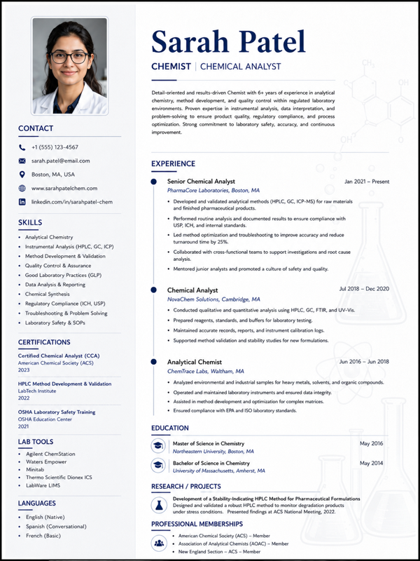 Chemist / Chemical Analyst resume template preview