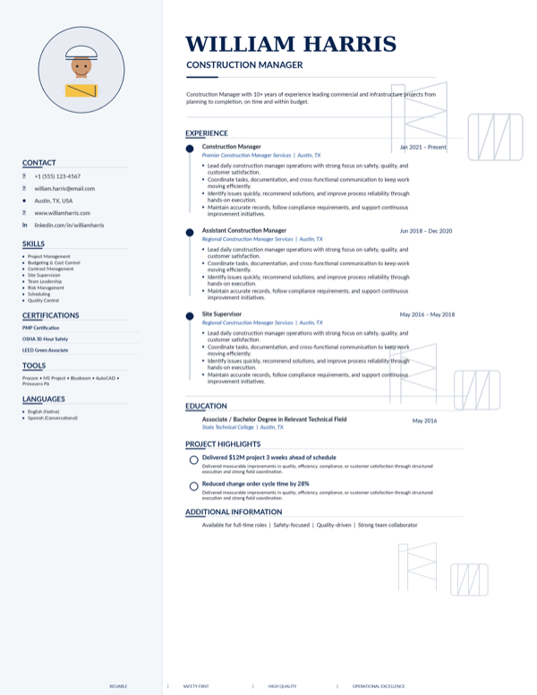 Construction Manager resume template preview