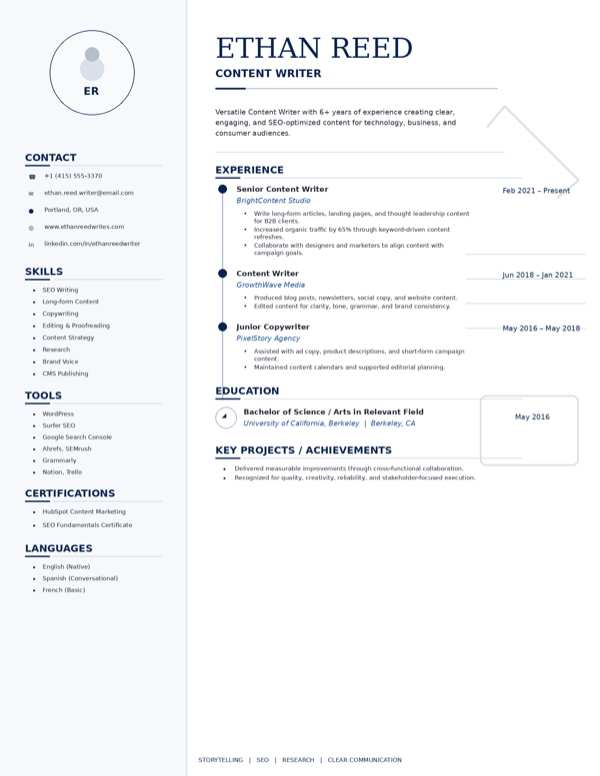 Content Writer resume template preview