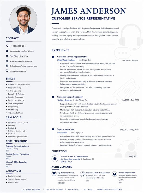 Customer Service Representative resume template preview