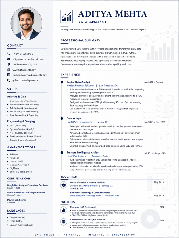 Data Analyst resume template preview