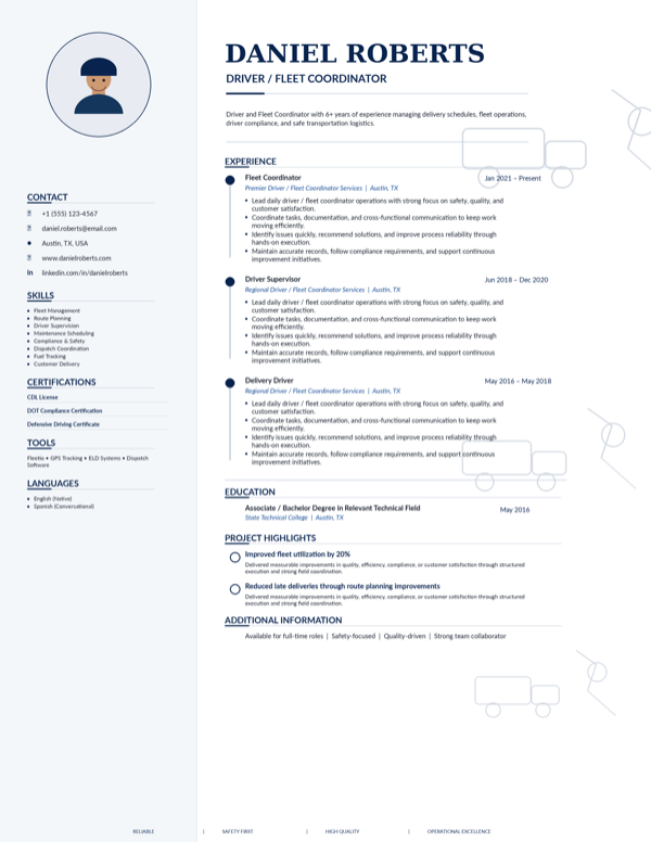 Driver / Fleet Coordinator resume template preview