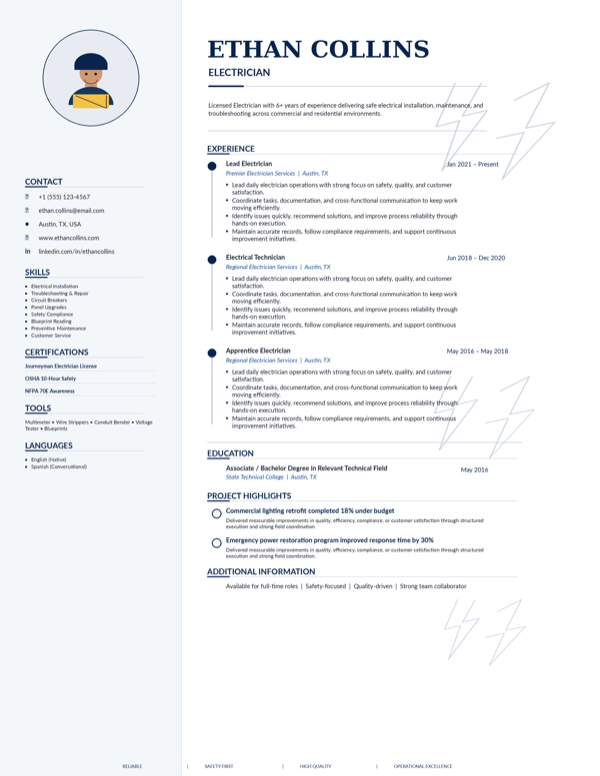 Electrician resume template preview