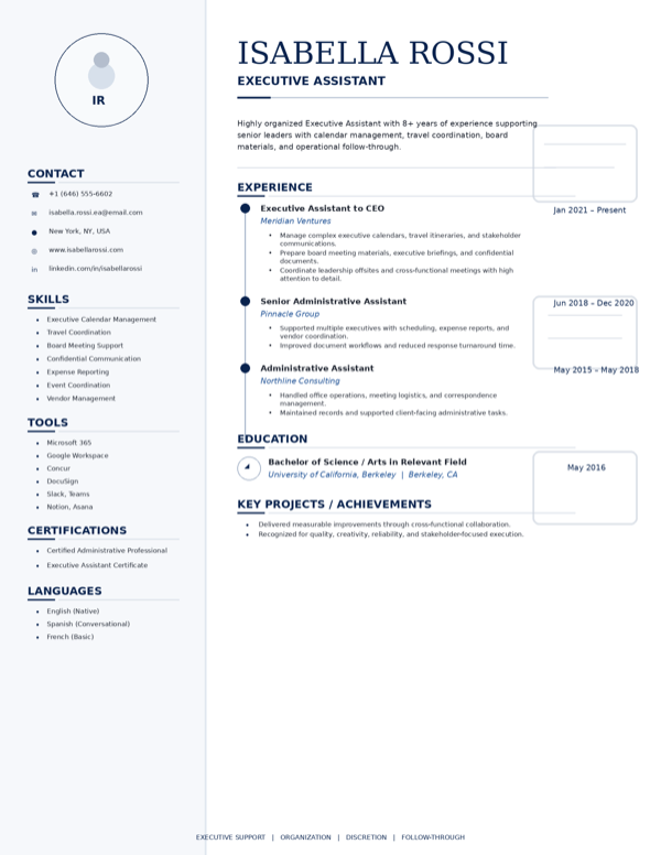 Executive Assistant resume template preview