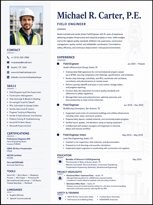 Field Engineer resume template preview