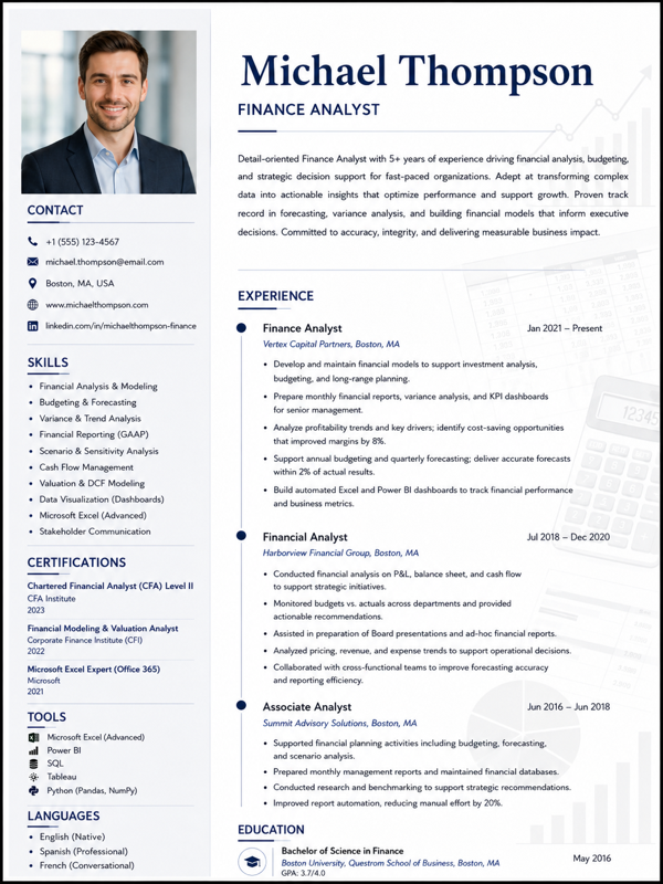 Finance Analyst resume template preview