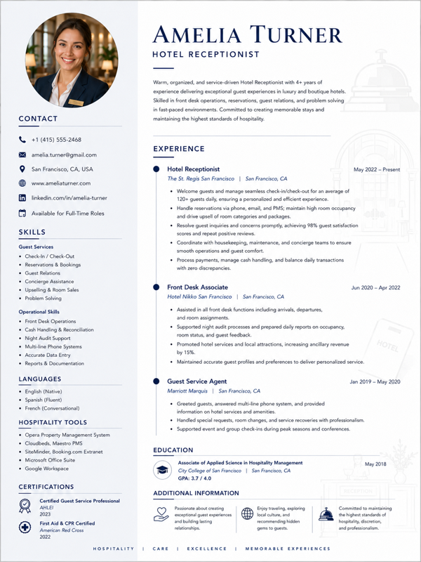 Hotel Receptionist resume template preview