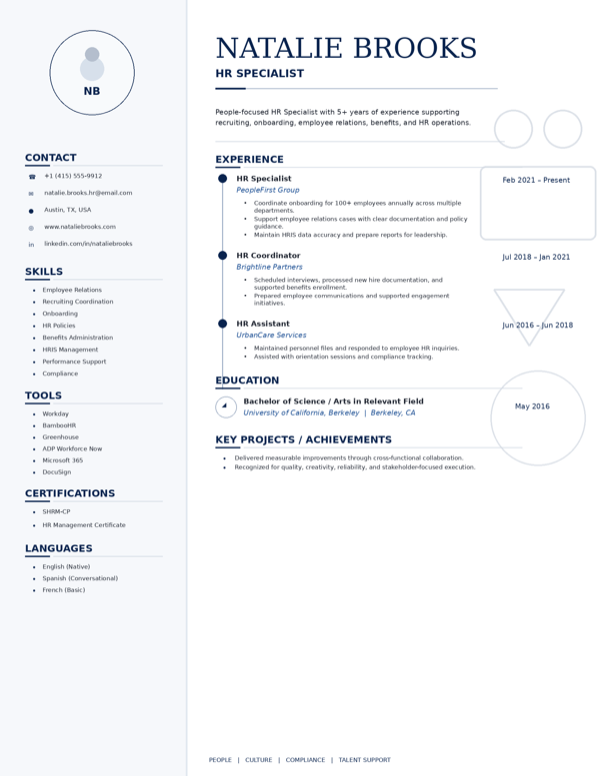 HR Specialist resume template preview