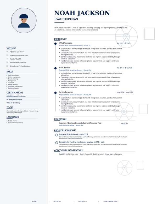 HVAC Technician resume template preview