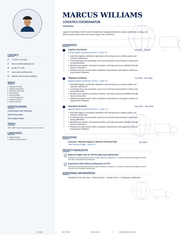 Logistics Coordinator resume template preview
