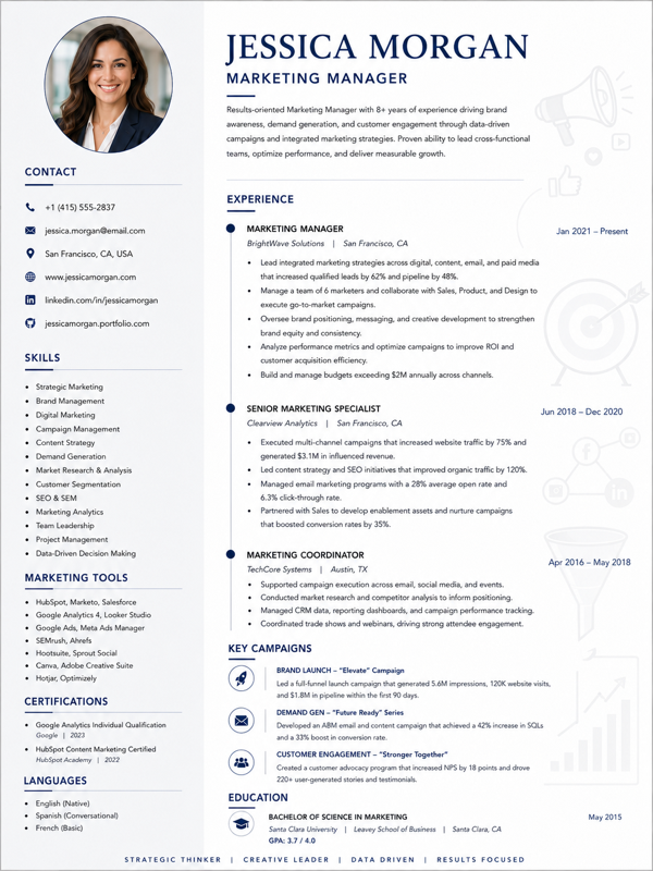 Marketing Manager resume template preview
