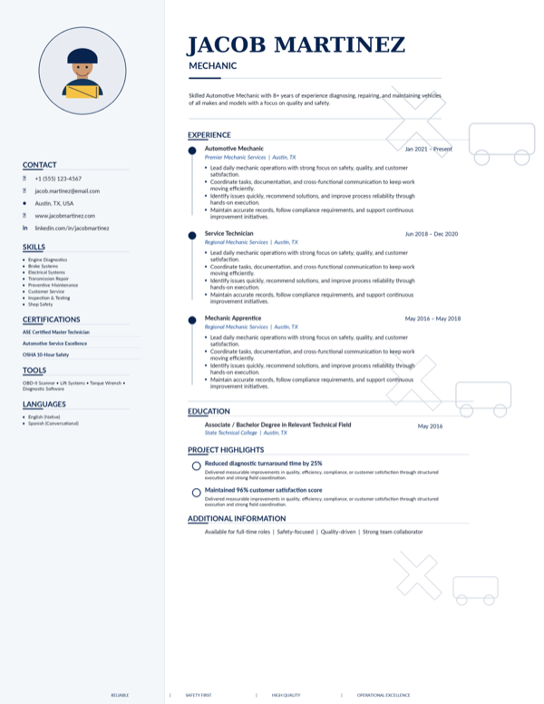 Mechanic resume template preview