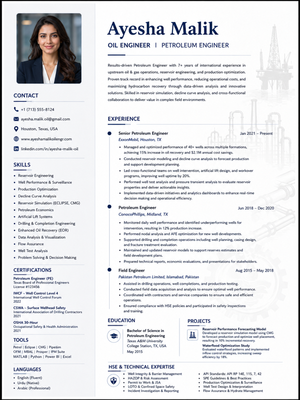 Oil / Petroleum Engineer resume template preview