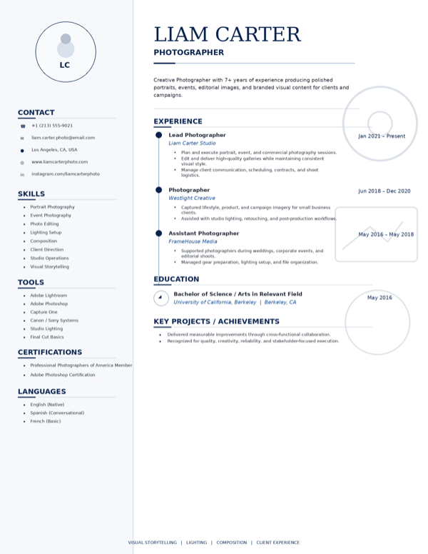 Photographer resume template preview