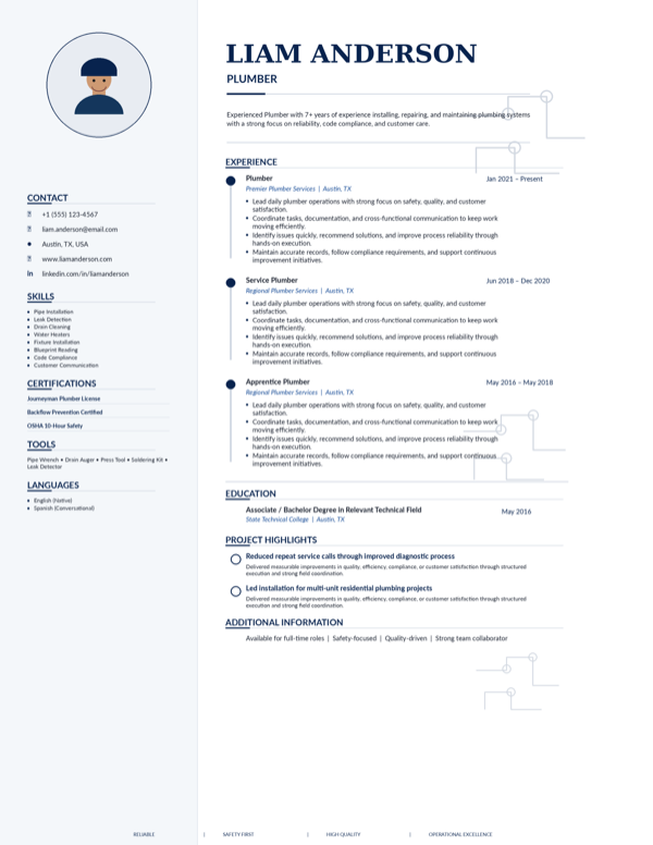 Plumber resume template preview