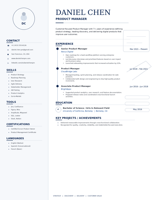 Product Manager resume template preview