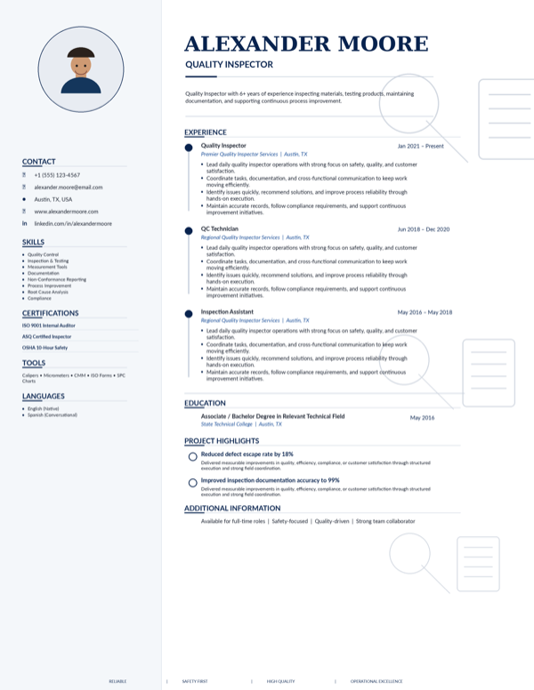Quality Inspector resume template preview