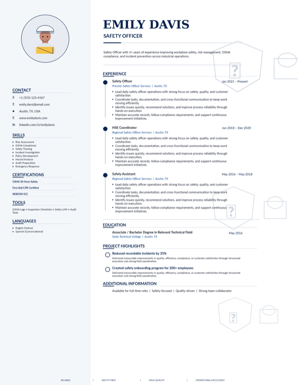 Safety Officer resume template preview