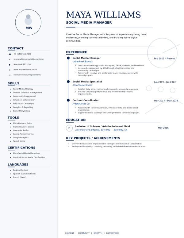 Social Media Manager resume template preview
