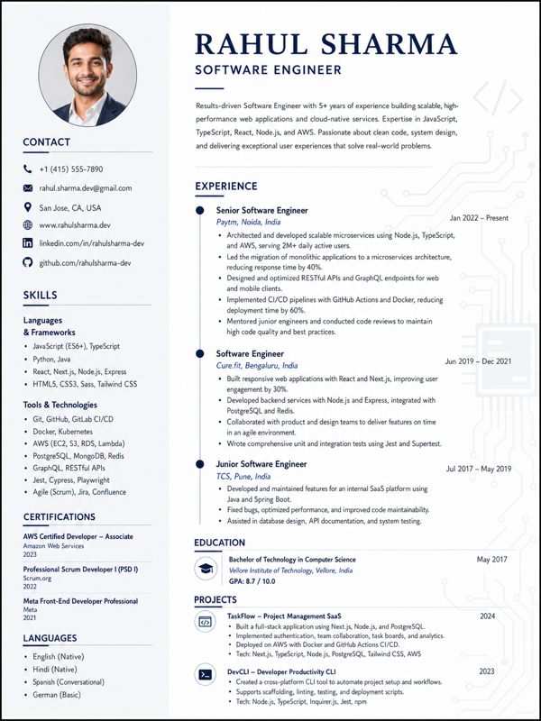 Software Engineer resume template preview