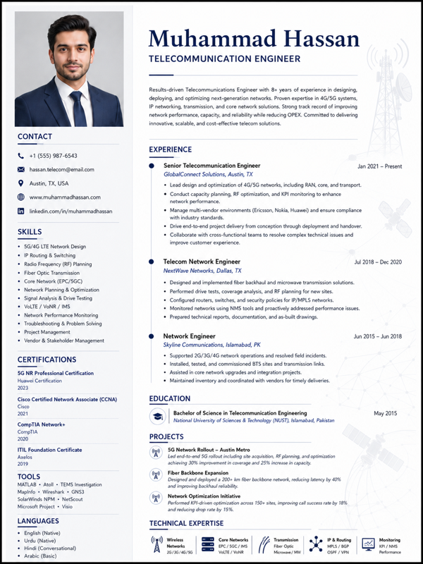 Telecommunication Engineer resume template preview