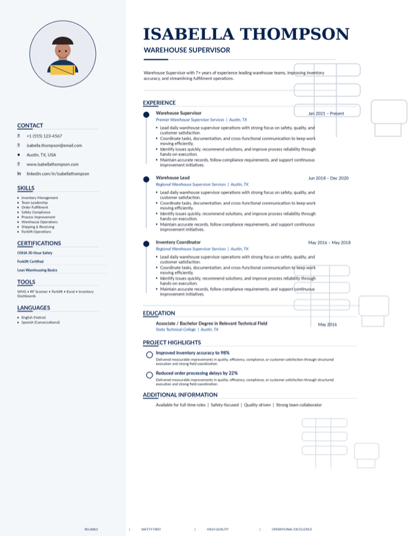 Warehouse Supervisor resume template preview