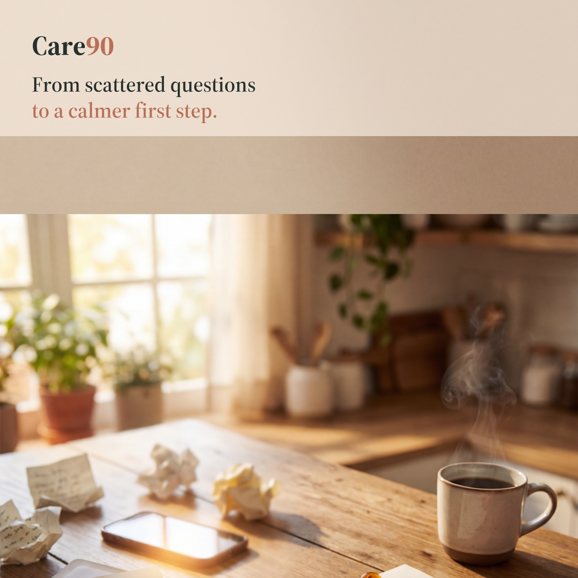 Before and after card showing a paperwork pile moving to a calmer 90-day plan.