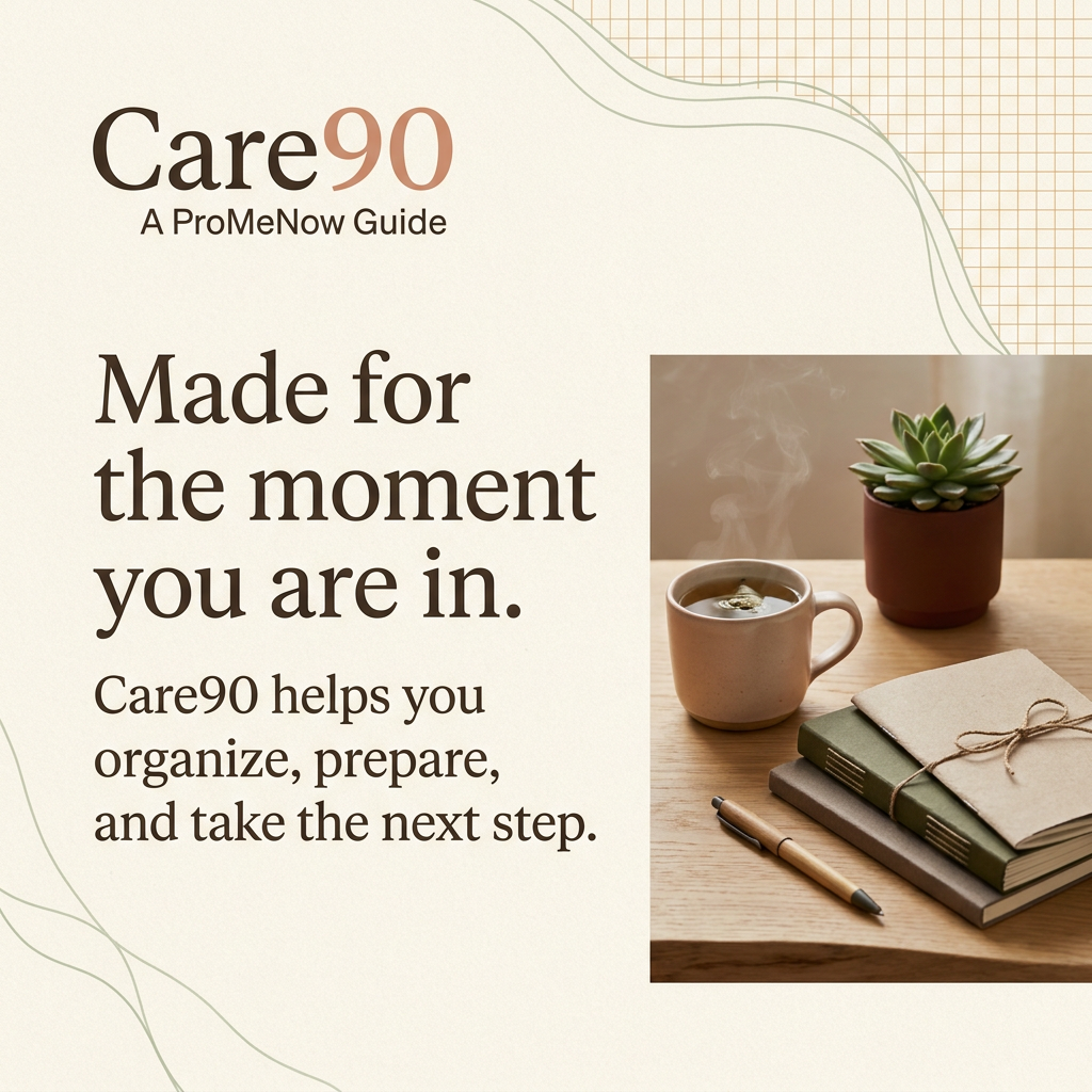 Care90 brand promise card with warm paper and sage motif.