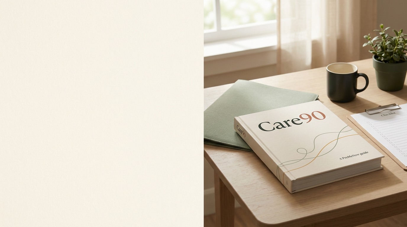 Care90 guidebook, organizer folder, checklist pages, and a warm kitchen-table workspace.