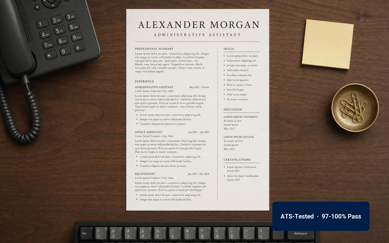 Printed CareerFit administrative-assistant resume on an office desk beside a desk phone and a brass tray