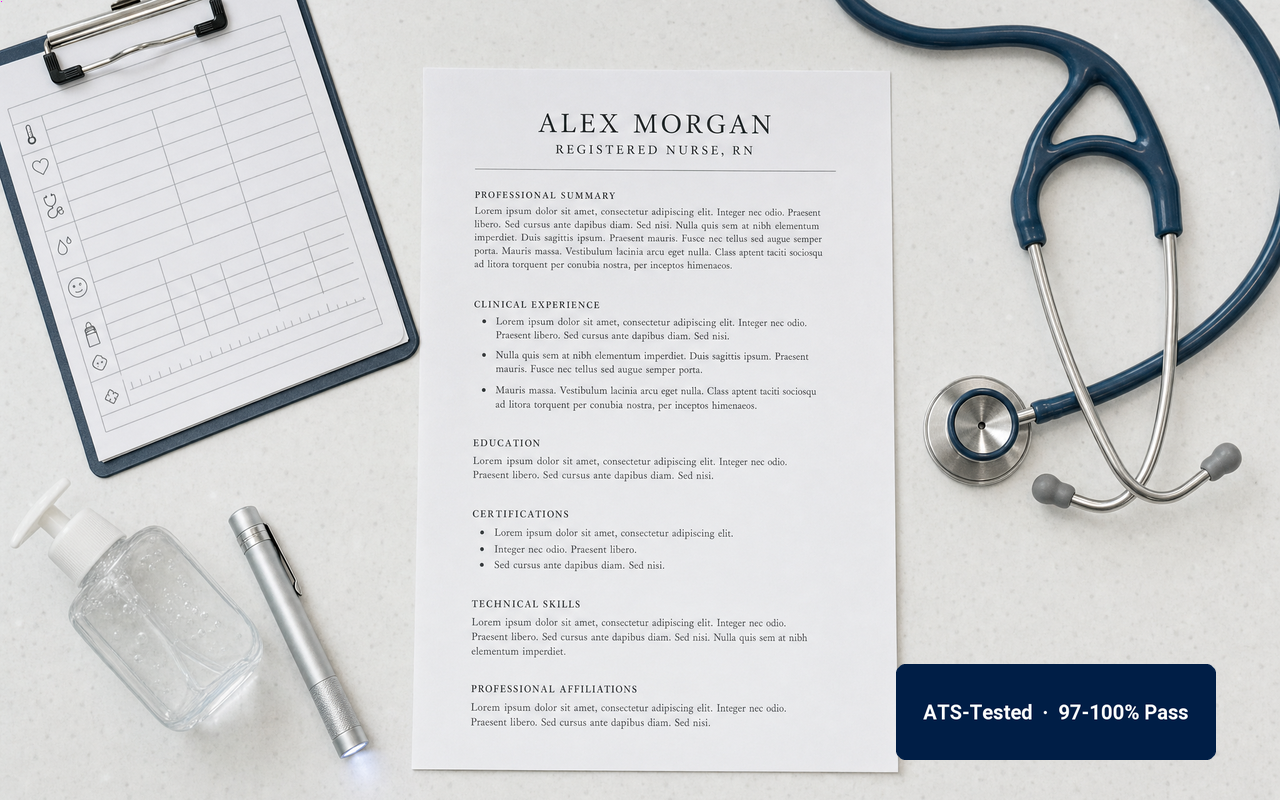 Printed CareerFit nurse resume on a clipboard at a hospital station beside a stethoscope