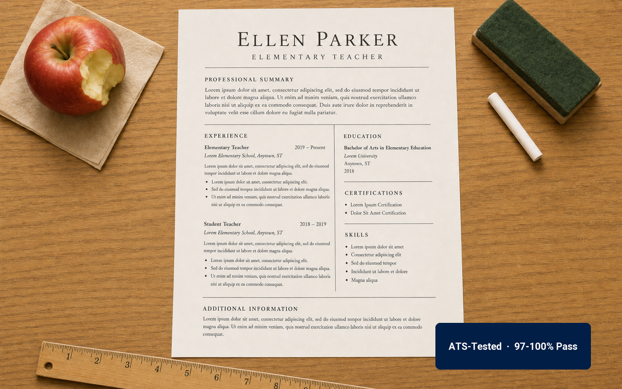 Printed CareerFit teacher resume on a wood classroom desk beside a red apple, chalk, and a ruler