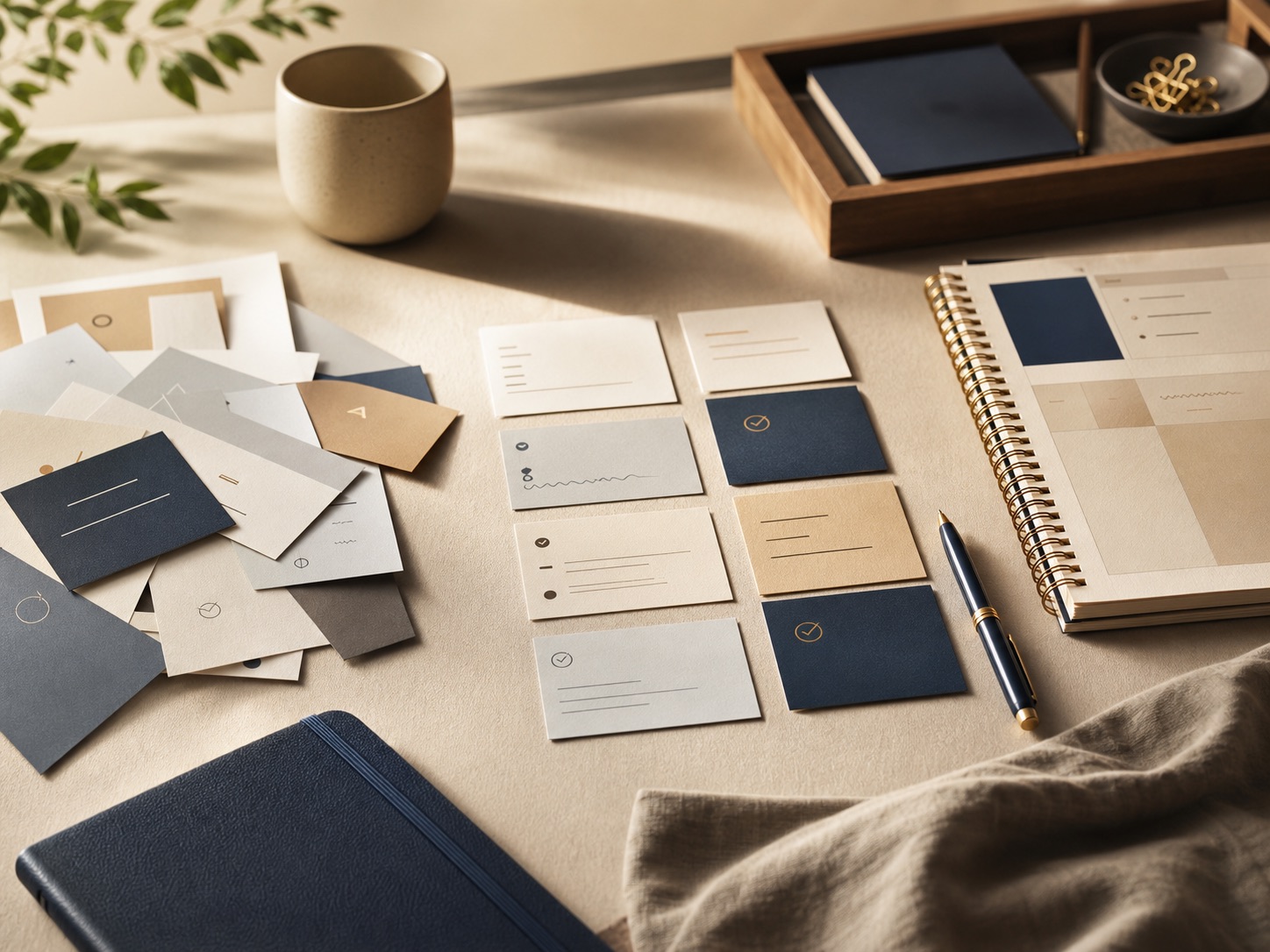 Warm editorial workspace showing notes, structured cards, and calm planning materials for ProMeNow's brand story.